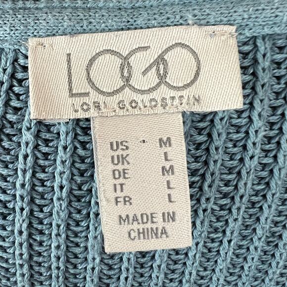 LOGO Lori Goldstein Blue Cotton Blend Asymmetric Sweater w/ Lace Godets Size M - Picture 8 of 10
